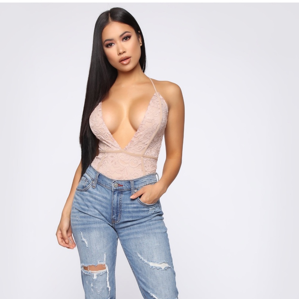 Fashion Nova Nude Deep V Lace bodysuit